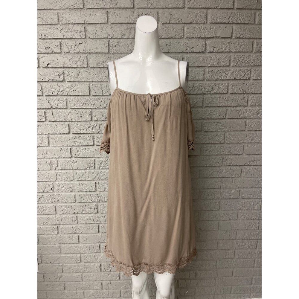 Liberty Love Women Tan Cold Shoulder Tunic Dress Size M NWT